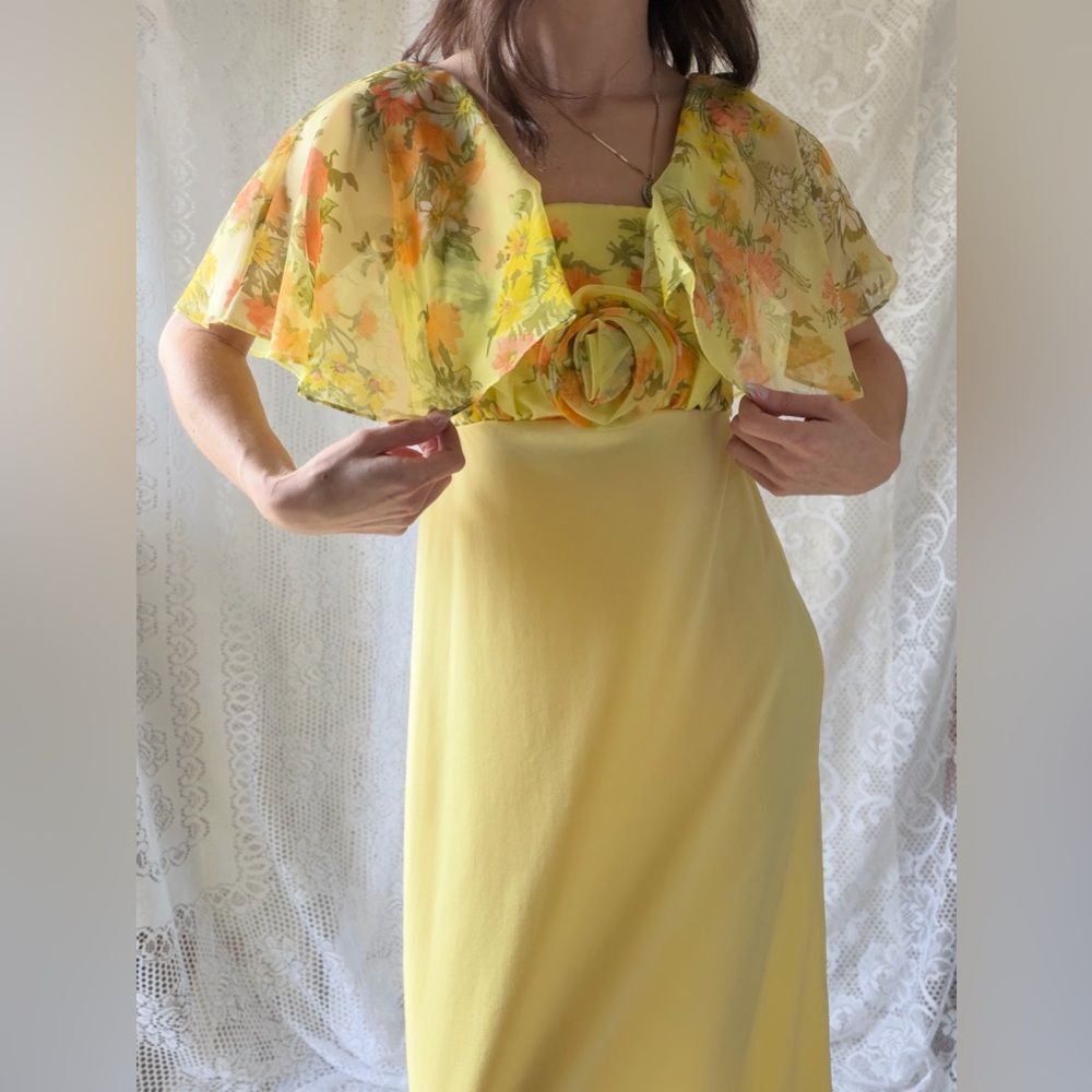 Vintage Yellow Floral Chiffon Maxi Dress 70s Prairie Garden Party - Picture 8 of 14